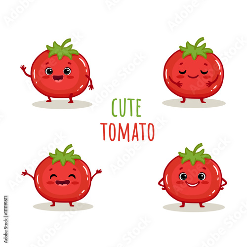 set of Cute cartoon tomatoes characters with emotions. Cute tomato with smile isolated on white background. Tomato in different poses. Funny cartoon vegetables for menu, cards. Vector illustration.