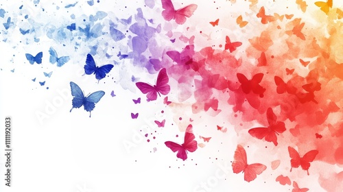 A colorful butterfly drawing with many butterflies of different colors and sizes