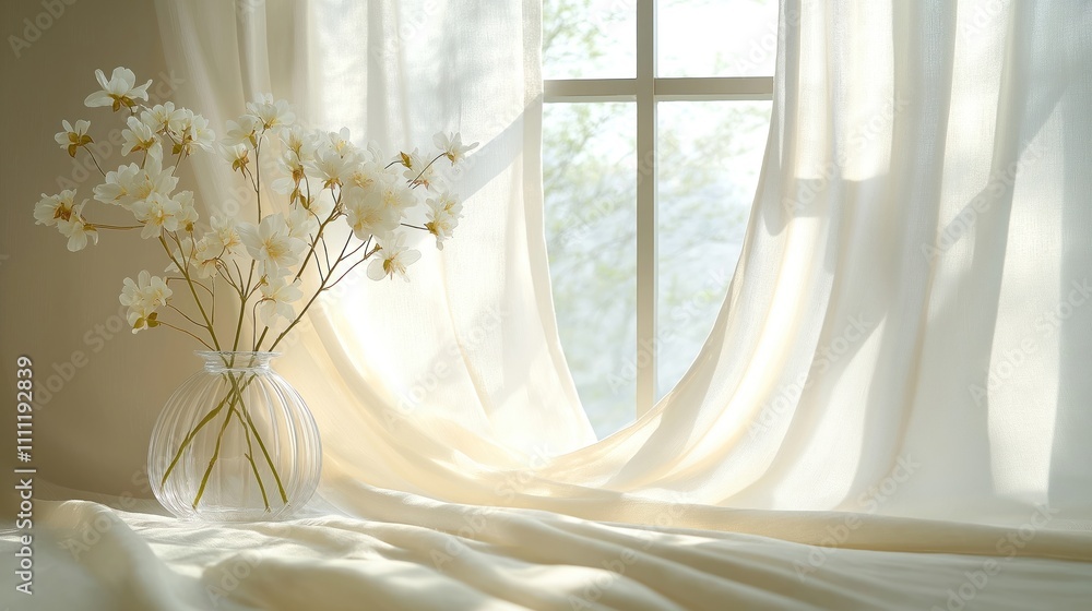 White flowers in a vase sit beside a large window with billowing white curtains. Sunlight streams through the window casting soft shadows on the textured linen. A peaceful and serene scene.
