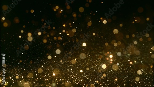 Golden glitter particles sparkle against a black background, evoking a festive and celebratory atmosphere