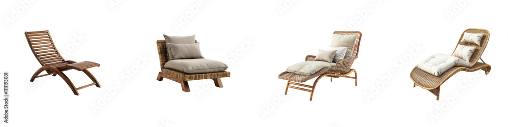 Set of Luxurious Outdoor Wicker Lounge Chairs with Cushions on transparent background Set of Luxurious Outdoor Wicker Lounge Chairs with Cushions on transparent background