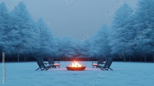 A frosty forest clearing with a circle of chairs and a glowing firepit, gathering for warmth photo