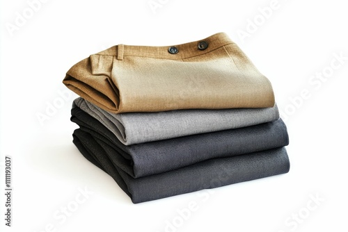 Stacked trousers; neutral colors; neatly folded.