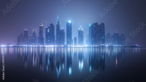 Stunning cityscape skyline at night with illuminated skyscrapers reflected in calm water.