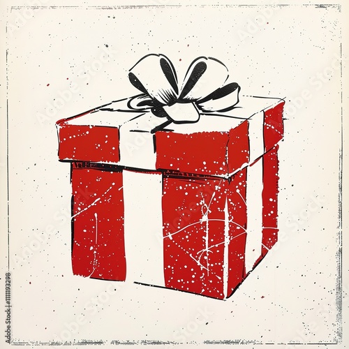 Hand-Drawn Red Gift Box with White Ribbon on Minimalist Background