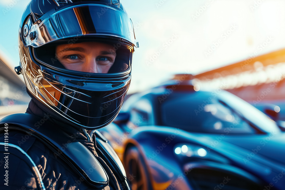 Male driver, dressed in racing gear, confidently stands near a powerful sports car during a sunny day at the racetrack Male driver, dressed in racing gear, confidently stands near a powerful sports car during a sunny day at the racetrack