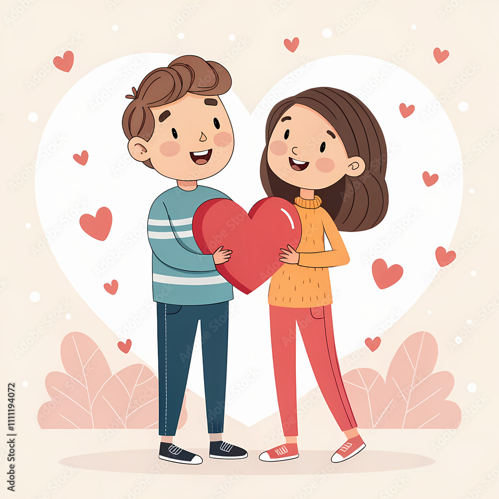 A cheerful couple stands together, holding a red heart, symbolizing love and romance. Perfect for themes of Valentine's, togetherness, and affection A cheerful couple stands together, holding a red heart, symbolizing love and romance. Perfect for themes of Valentine's, togetherness, and affection