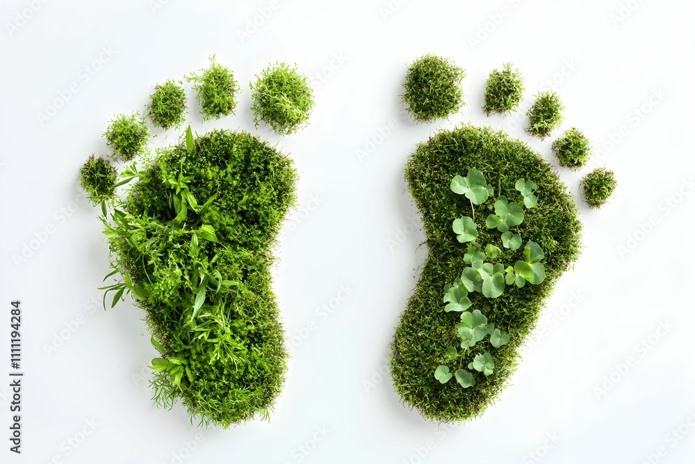 Two footprints filled with lush green plants symbolize the concept of climate footprint, emphasizing sustainability and environmental awareness. Two footprints filled with lush green plants symbolize the concept of climate footprint, emphasizing sustainability and environmental awareness.