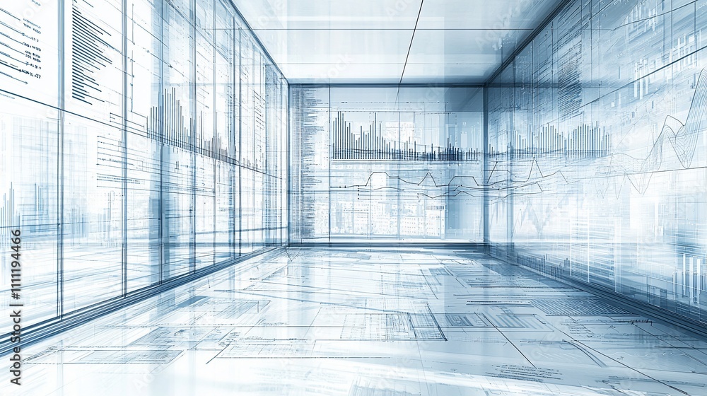 Empty modern office space with projected data visualizations on glass walls. Empty modern office space with projected data visualizations on glass walls.
