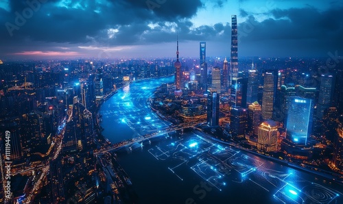Wallpaper Mural A futuristic city of Shanghai, featuring holographic projection display technology and digital blue lights on the river in China. Aerial high view Torontodigital.ca