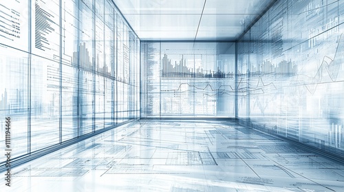 Empty modern office space with projected data visualizations on glass walls.