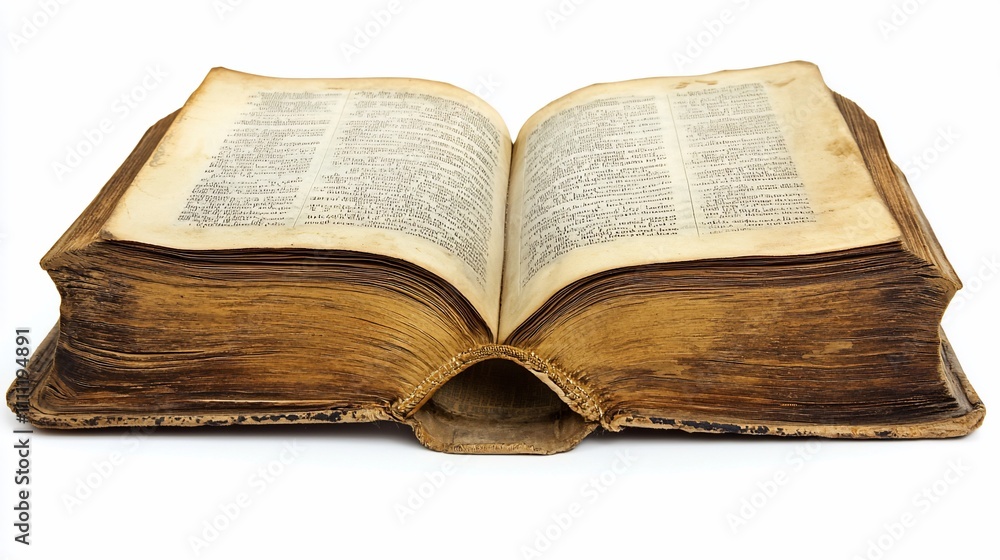 Open antique book, aged pages, showing text, isolated on white background. Open antique book, aged pages, showing text, isolated on white background.