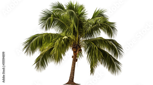A tall coconut palm tree with vibrant green fronds swaying gently in the tropical breeze.