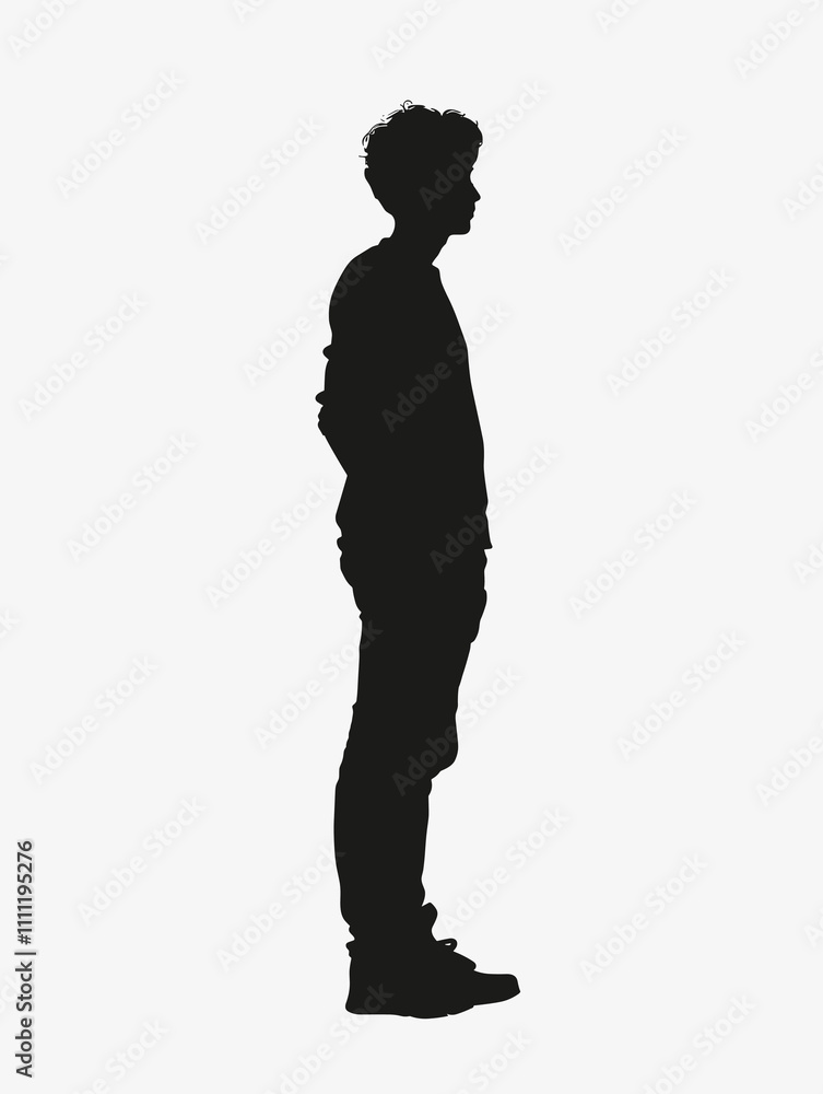 Man is standing in a black silhouette. The man is wearing a black shirt and black pants. The man is standing in front of a white background Man is standing in a black silhouette. The man is wearing a black shirt and black pants. The man is standing in front of a white background
