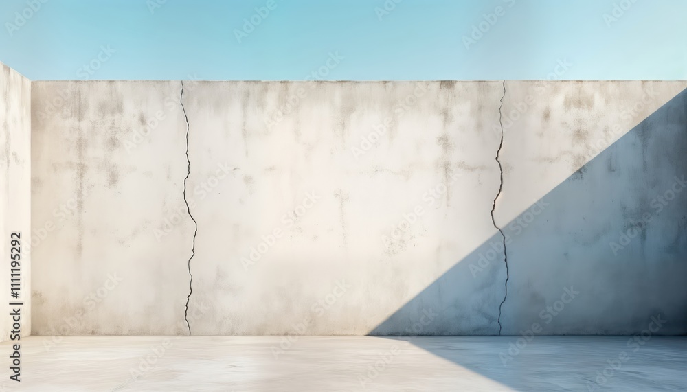 Empty room with large white wall. Large crack runs vertically through wall. Sunlight casts shadow on floor. Exterior building material. Modern architecture. Industrial style interior. Blank space for Empty room with large white wall. Large crack runs vertically through wall. Sunlight casts shadow on floor. Exterior building material. Modern architecture. Industrial style interior. Blank space for