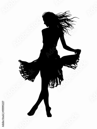 Woman in a black dress is dancing. The dress is long and flowing, and the woman's hair is blowing in the wind. Concept of freedom and joy, as the woman is fully immersed in her dance