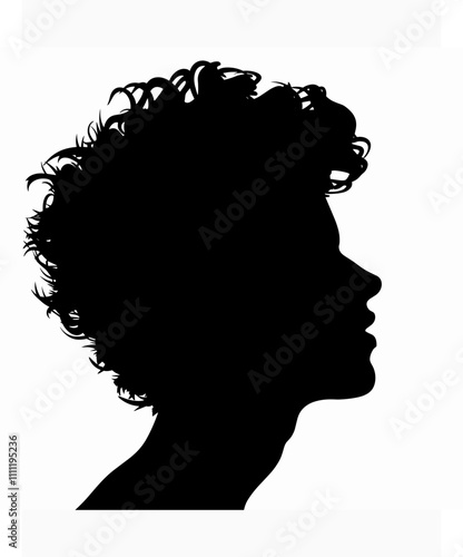 Black and white portrait of a woman with curly hair. The hair is styled in a messy bun, and the woman's face is shown in profile. The image has a casual, relaxed vibe