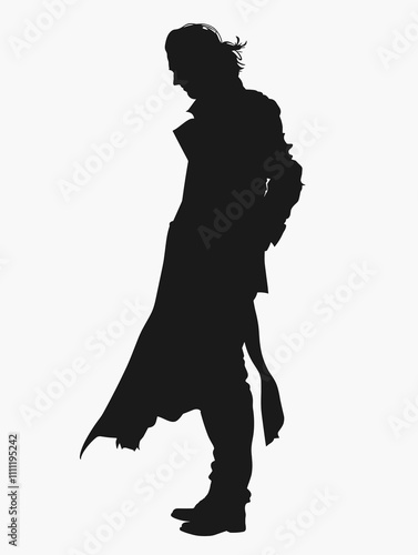 Man in a long coat is standing in front of a white background. The man is wearing a black coat and has a long black scarf around his neck. The image has a moody and mysterious feel to it