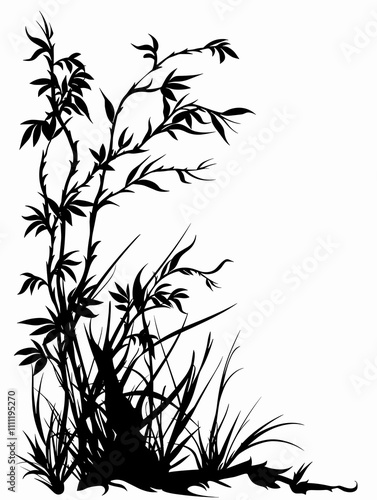 The image is a black and white drawing of a bamboo forest with a grassy border. The bamboo trees are tall and slender, with their leaves and branches reaching towards the sky