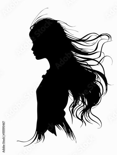 Woman with long hair is shown in a black and white drawing. The image has a moody and mysterious feel to it, as the woman's face is not visible and only her hair is shown