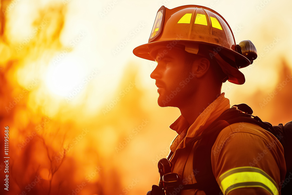 A firefighter stands silhouetted against a vibrant sunset, embodying courage while facing the elements in a wildfire A firefighter stands silhouetted against a vibrant sunset, embodying courage while facing the elements in a wildfire