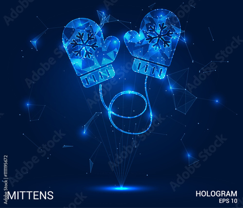 Hologram mittens. Mittens made of polygons, triangles, dots, and lines. Low-poly mittens structure of connections. Technology concept vector.