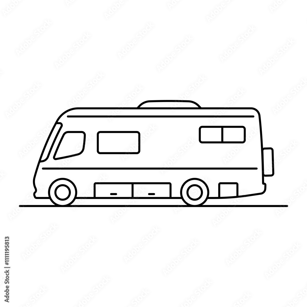 Motorhome icon. Camper. Black outline linear silhouette. Editable strokes. Side view. Vector simple flat graphic illustration. Isolated object on white background. Isolate. Motorhome icon. Camper. Black outline linear silhouette. Editable strokes. Side view. Vector simple flat graphic illustration. Isolated object on white background. Isolate.