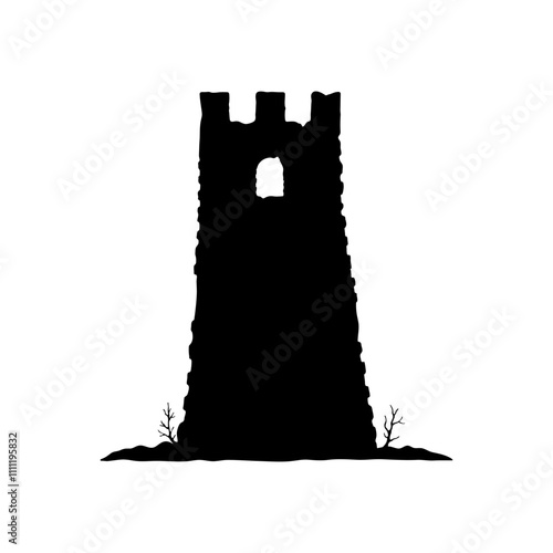 Old stone tower. Watchtower. Black silhouette. Front side view. Vector simple flat graphic hand drawn illustration. Isolated object on white background. Isolate.