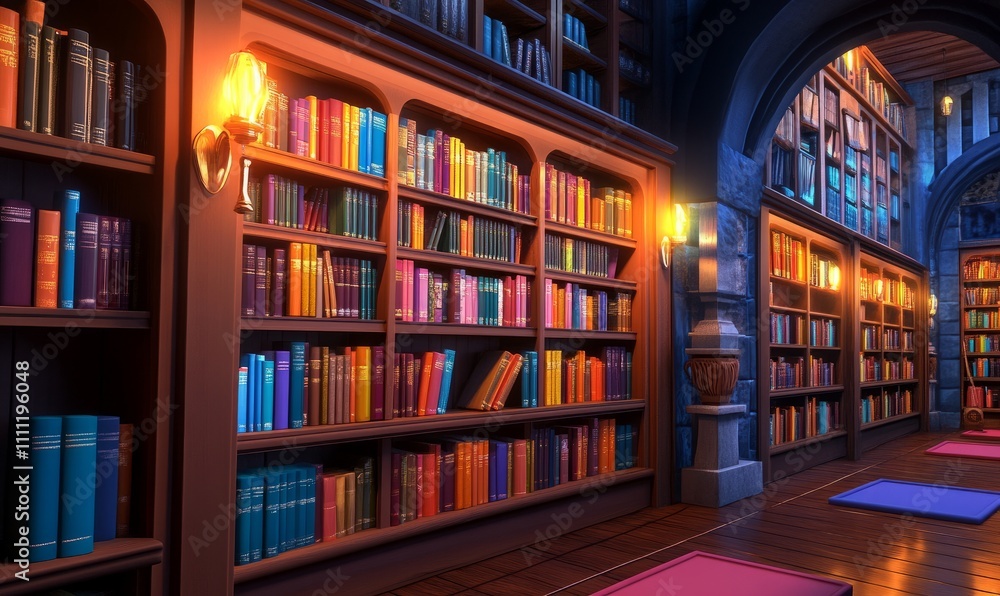 A library with shelves filled with colorful, neatly arranged books in a cozy, dimly lit room. Concept: Knowledge and learning A library with shelves filled with colorful, neatly arranged books in a cozy, dimly lit room. Concept: Knowledge and learning