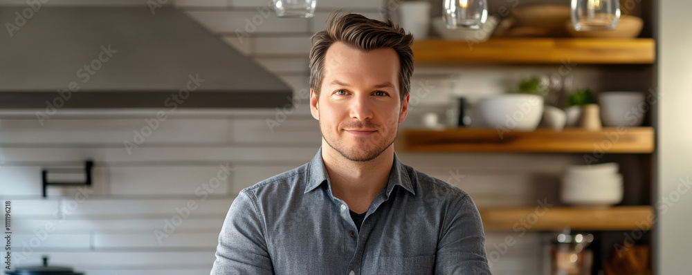 Confident Young Man Standing in Modern Kitchen with Stylish Decor Confident Young Man Standing in Modern Kitchen with Stylish Decor
