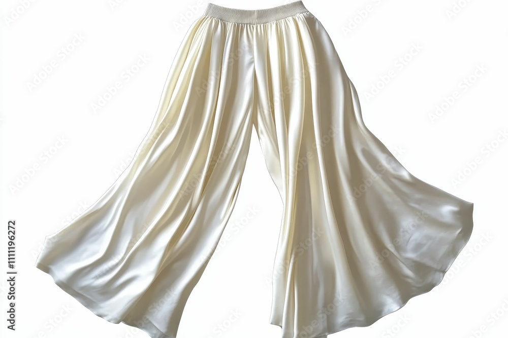 Cream-colored satin wide-leg pants, flowing fabric. Cream-colored satin wide-leg pants, flowing fabric.
