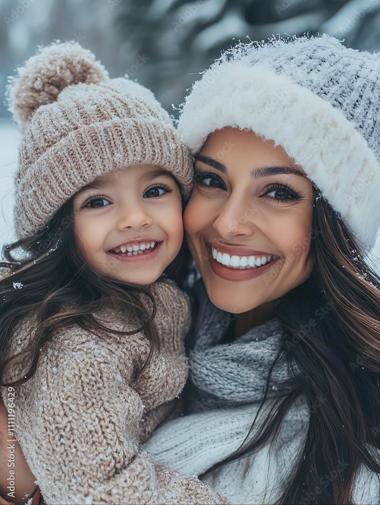 A joyful latin mother and daughter are having fun in the winter A joyful latin mother and daughter are having fun in the winter