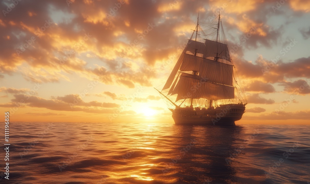 A majestic sailing ship with full white sails glides through the ocean at sunset, casting a warm, golden glow across the sky and water. A majestic sailing ship with full white sails glides through the ocean at sunset, casting a warm, golden glow across the sky and water.