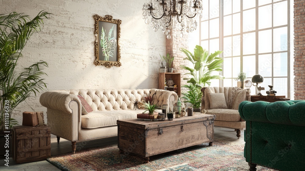 Obraz premium Luxurious Eclectic Living Room with Vintage Furniture and Glamorous Chandelier | Y2K Vibe Interior Design Concept