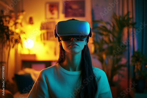 A Young Creative Woman Wears A Virtual Reality Headset At Home, Entering A 3D Digital Universe With Avatars, Exploring The Next-Generation Immersive Social Media Metaverse Platform.