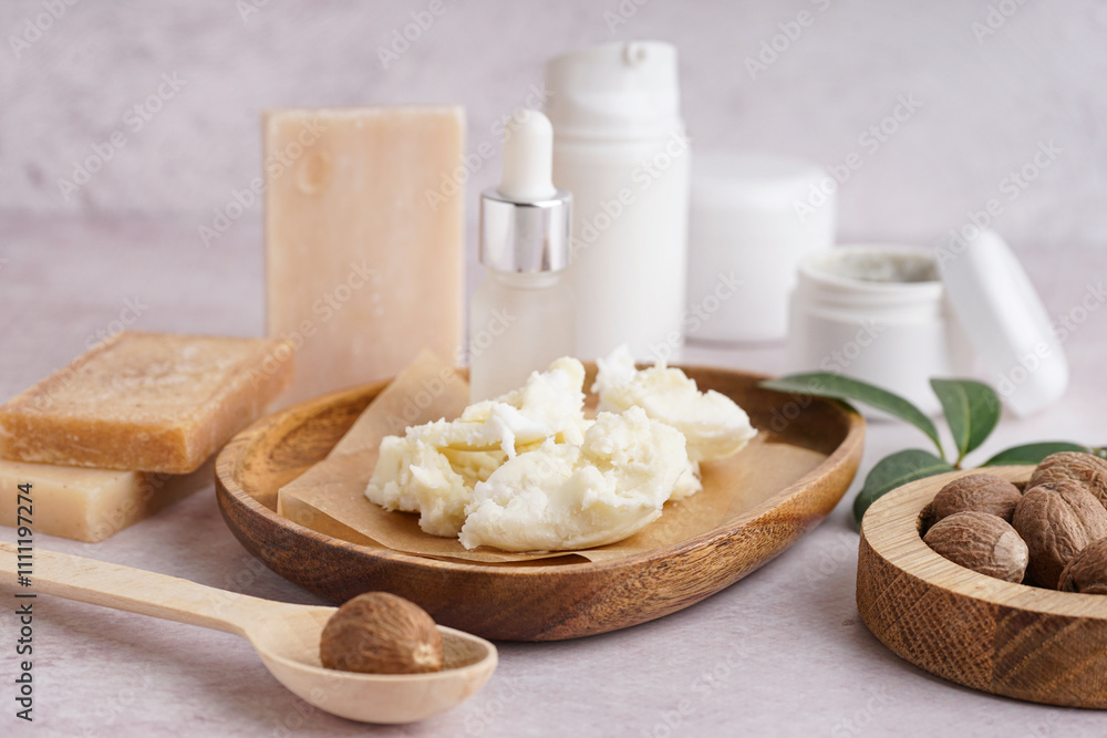 Composition with plate of shea butter, nuts and cosmetic products on light background Composition with plate of shea butter, nuts and cosmetic products on light background