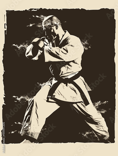 Man in a white uniform is punching a black bag. The image has a strong and powerful mood, conveying the idea of discipline and focus