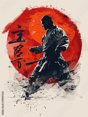 Man in a karate uniform is standing in front of a red sun. The image has a dark and moody atmosphere, with the man's silhouette and the red sun creating a sense of mystery and intensity