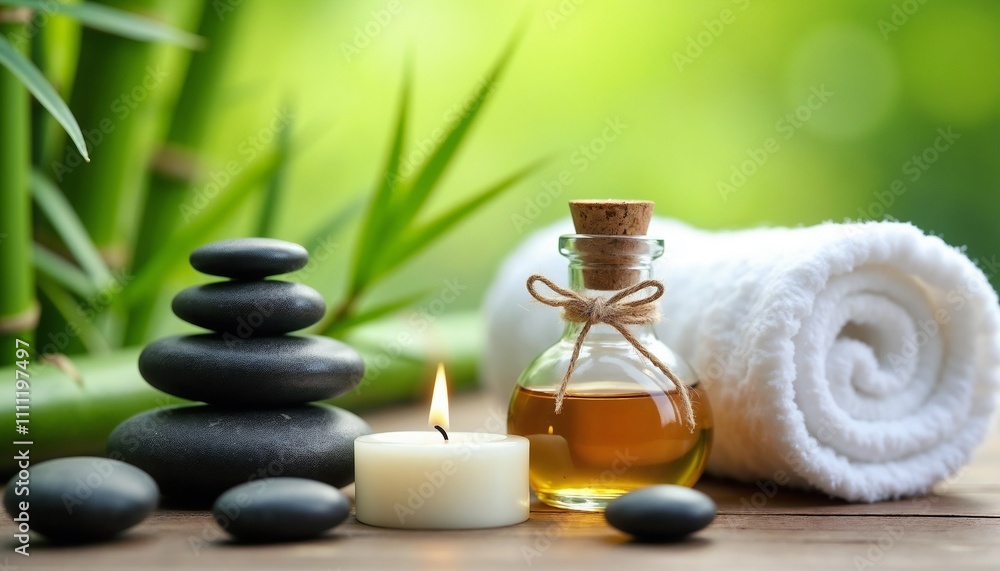 Serene spa image featuring a lit aromatherapy candle, massage oil, smooth balance stones, and a fluffy white towel. The soothing ambiance is set against a natural green background, creating a tranquil Serene spa image featuring a lit aromatherapy candle, massage oil, smooth balance stones, and a fluffy white towel. The soothing ambiance is set against a natural green background, creating a tranquil