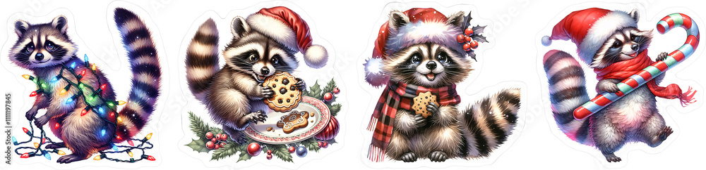 Adorable raccoon Christmas stickers featuring festive lights, cookies, candy canes, and Santa hats. Perfect for holiday decor, card-making, planners, and creative gift wrapping projects Adorable raccoon Christmas stickers featuring festive lights, cookies, candy canes, and Santa hats. Perfect for holiday decor, card-making, planners, and creative gift wrapping projects