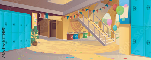 School hallway interior with holiday decor background for banner design. Empty lobby room with closed lockers, doors in classes, stairway, festive garlands and balloons. Vector cartoon illustration