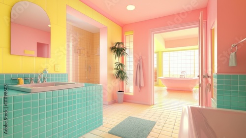 Retro Y2K-Inspired Bathroom with Colorful Tiles and Soaking Tub for Fun and Relaxation