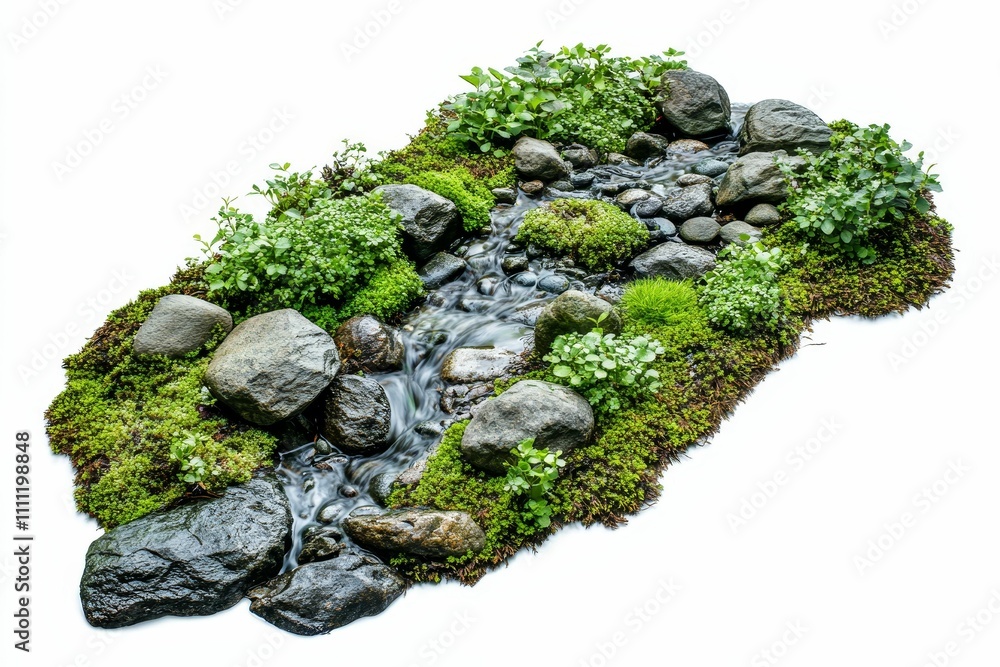 Miniature stream, rocks, lush green plants, moss. Miniature stream, rocks, lush green plants, moss.