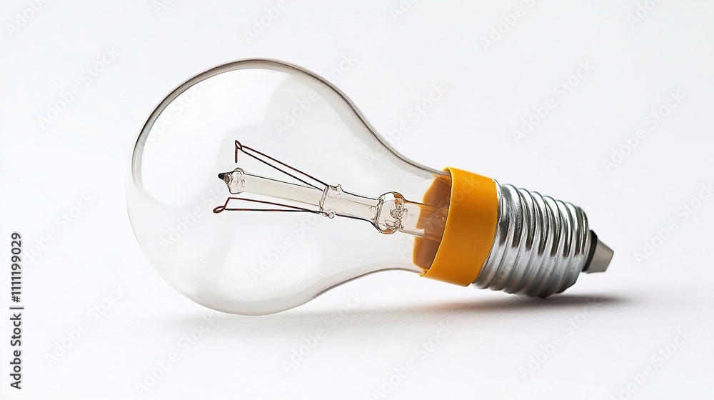 Classic incandescent lightbulb, clear glass, lying on white surface, with a yellow ring around the base. Classic incandescent lightbulb, clear glass, lying on white surface, with a yellow ring around the base.