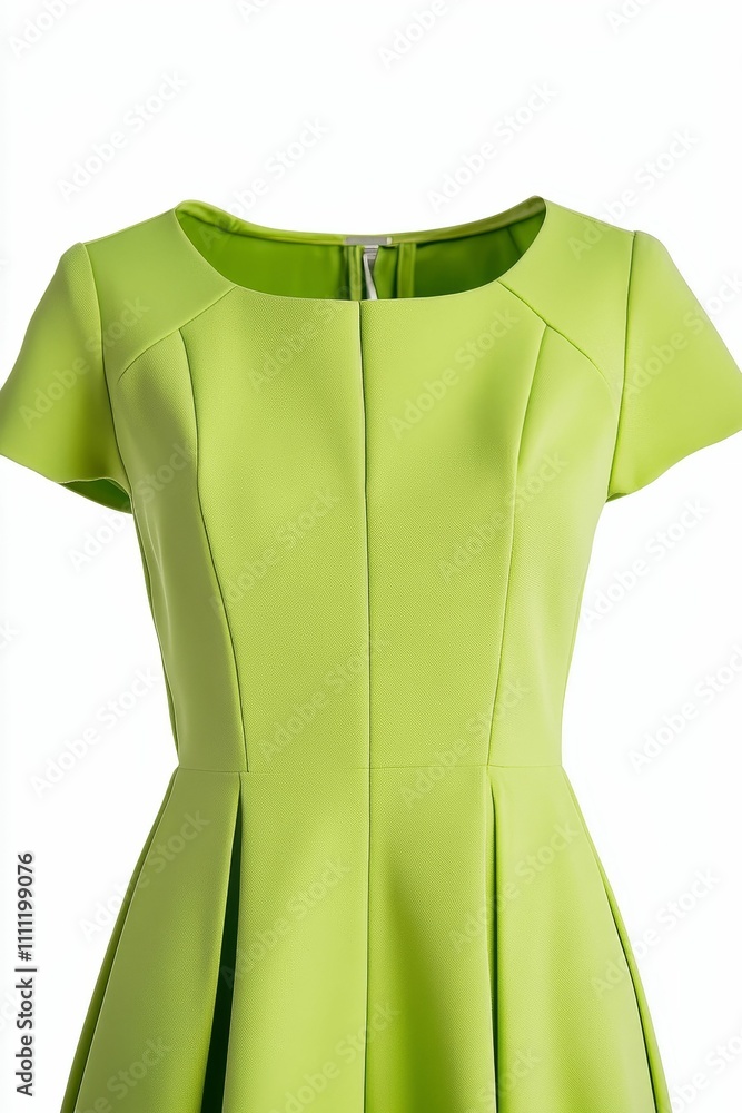 Lime green short-sleeved dress, pleated skirt. Lime green short-sleeved dress, pleated skirt.
