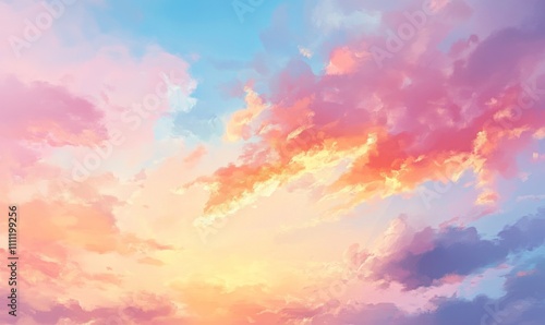 A serene sunset sky blending vibrant shades of pink, orange, and blue, with soft clouds drifting across the horizon