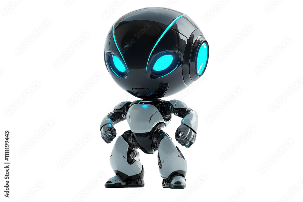 A futuristic robotic character with a sleek design, glowing blue accents, and a compact, rounded head. A futuristic robotic character with a sleek design, glowing blue accents, and a compact, rounded head.
