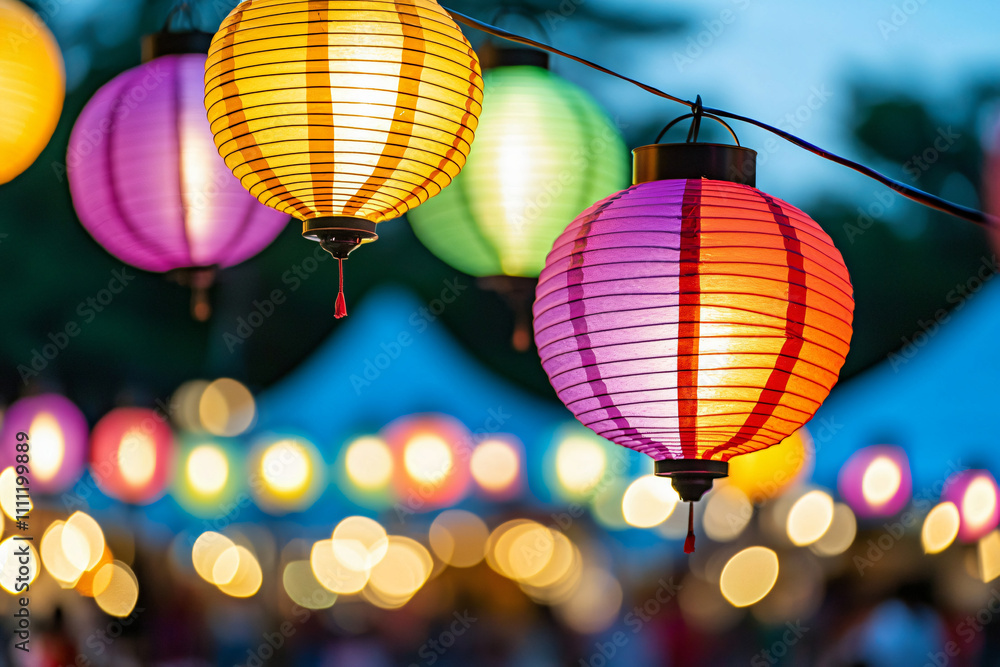 colorful lanterns hanging above a festive scene colorful lanterns hanging above a festive scene