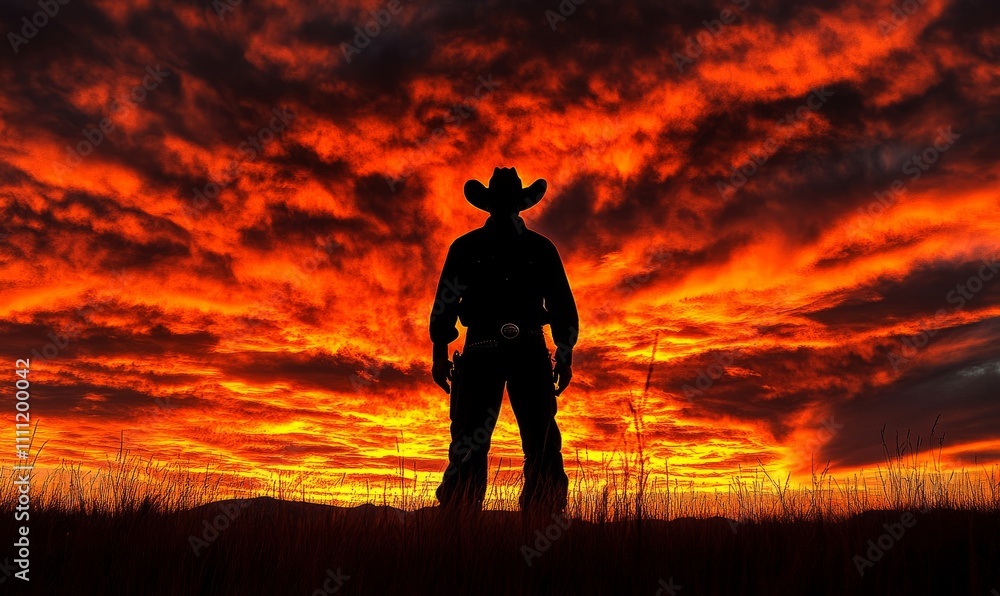 A silhouette of a cowboy standing against a massive, fiery sunset, creating a striking contrast between the dark figure and the glowing sky A silhouette of a cowboy standing against a massive, fiery sunset, creating a striking contrast between the dark figure and the glowing sky