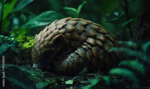 A small pangolin curled up on the forest floor, surrounded by green foliage, showing its beautiful brown scales